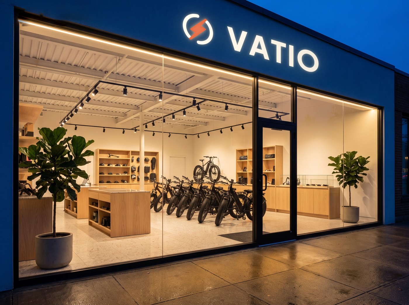 La tienda de Vatio en Valencia al anochecer: el rótulo iluminado sobre el escaparate y la gama de bicicletas eléctricas alineada dentro