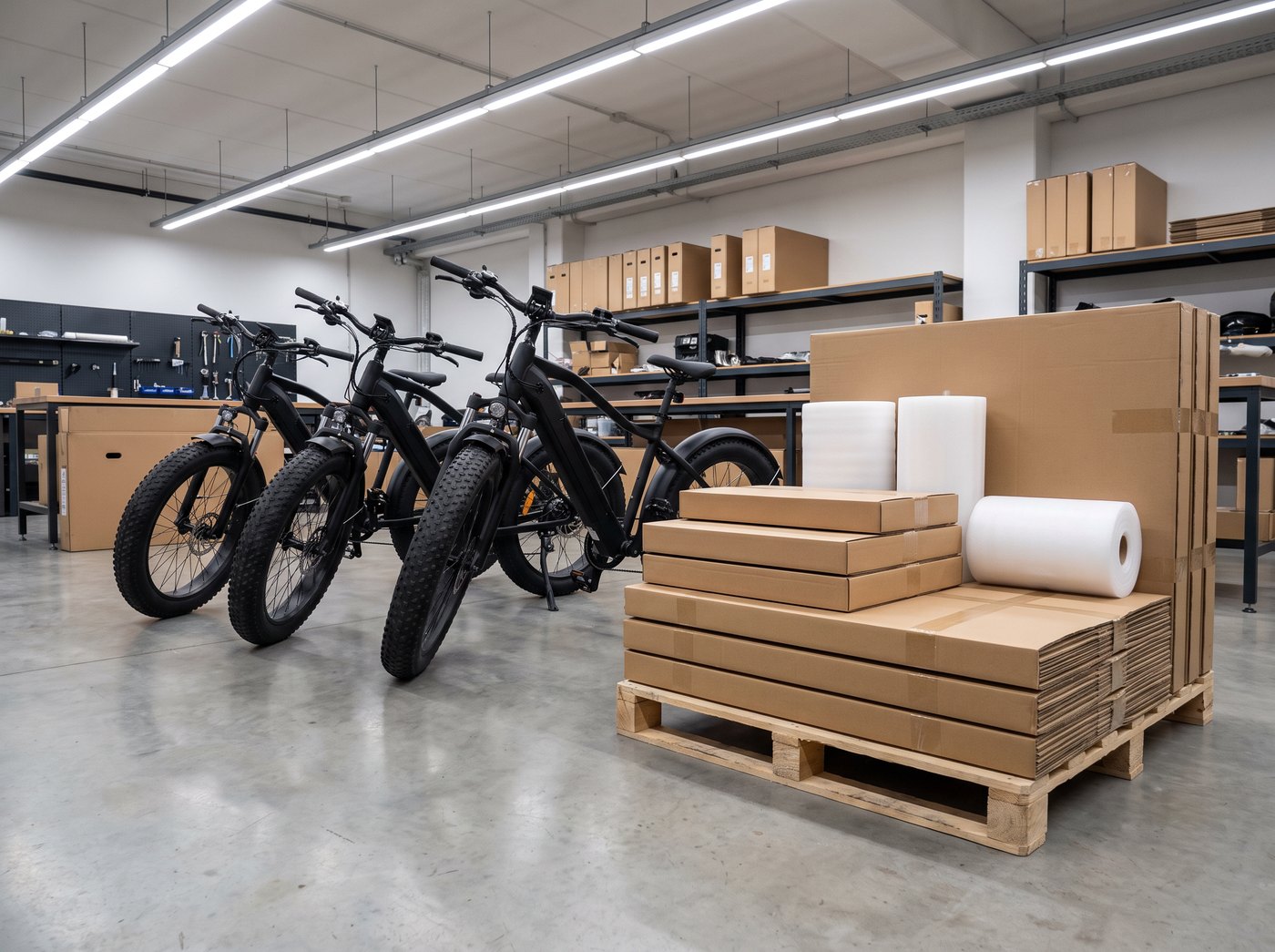 Zona de expedición: bicicletas listas junto a las cajas y las protecciones de embalaje